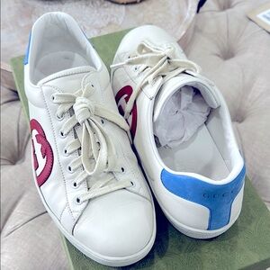 Gucci White Ace Sneakers with Red and Blue Accents sz 8.5 mens